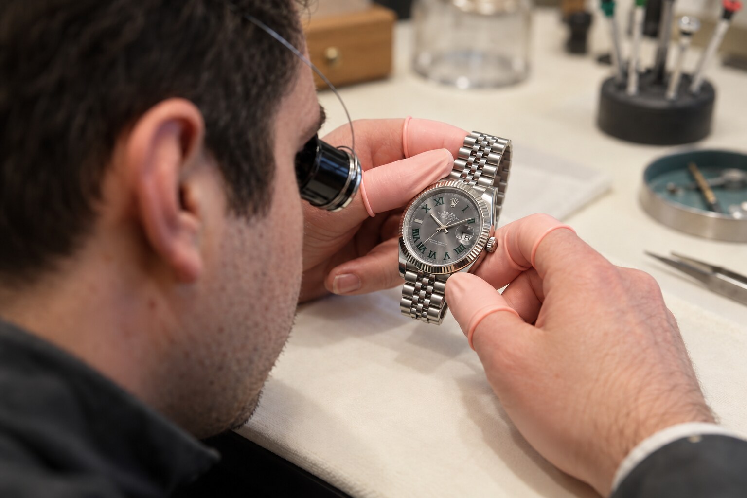 Sorgfältige Prüfung einer hochwertigen Armbanduhr